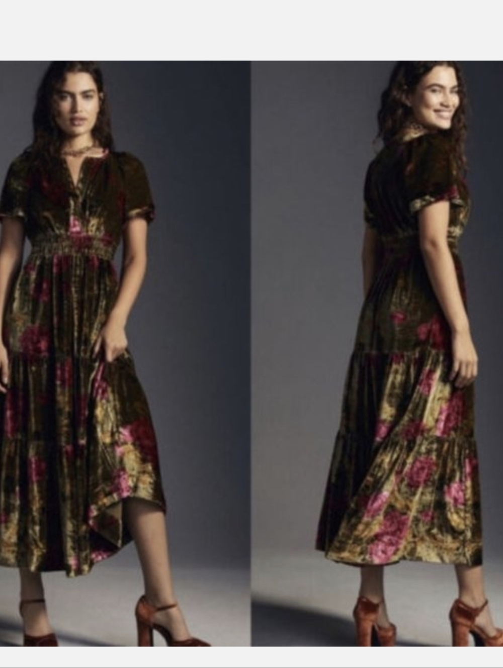 Anthropologie Olive Velvet High-Low Dress with Pink Floral Accents